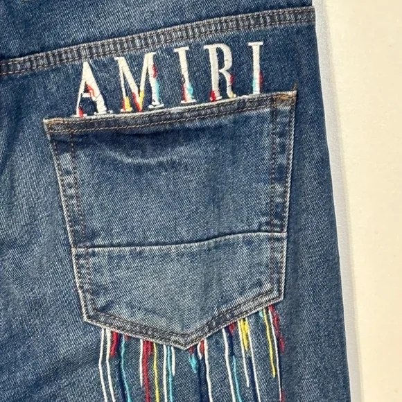 Amiri Blue Jeans Men’s Size 34 HEMMED Embroidered Zipper Fly Distressed Straight